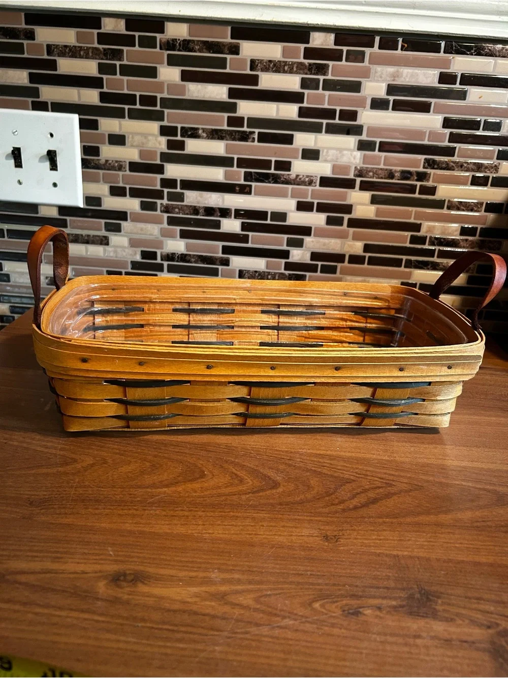 Vintage Longaberger Bread Basket with Brown Leather Handles - Natural Brown